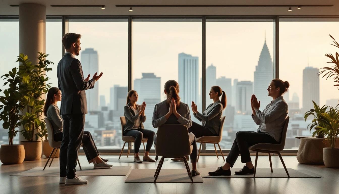 Corporate yoga session in modern office