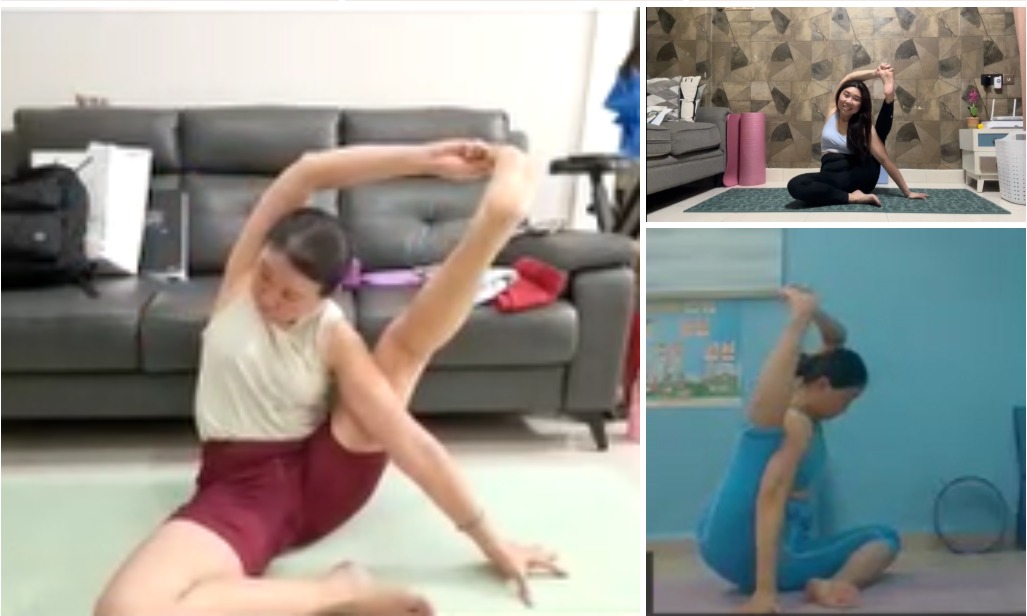 Students practicing inversions and floor poses at home