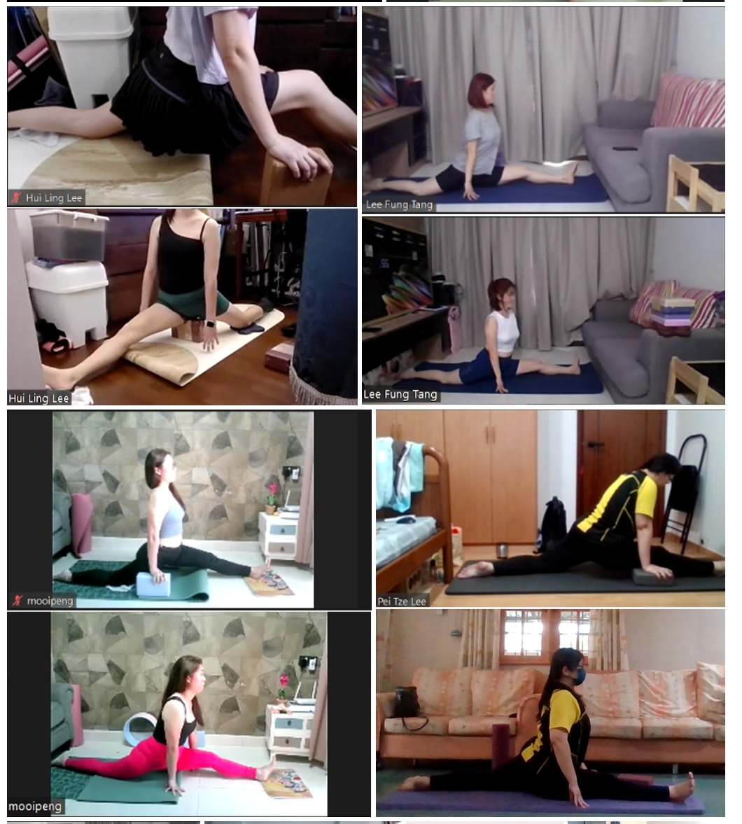Zoom class screenshot showing six students practicing seated postures